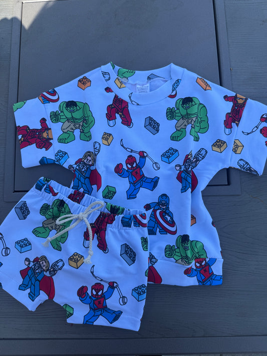 Super Hero Blocks Long Shorts Set